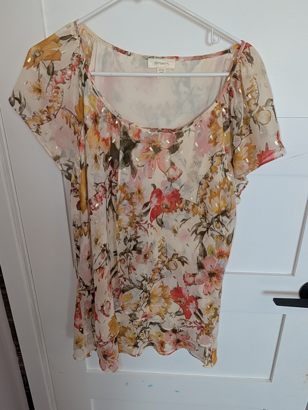 Tamara h Floral Short Sleeve Scoop Neck Top - Cream Multi AS iS